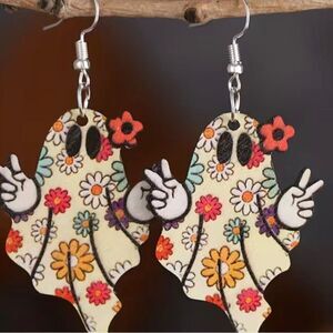 Boutique Wooden Colorful Halloween Flower Print Groovy Ghosts